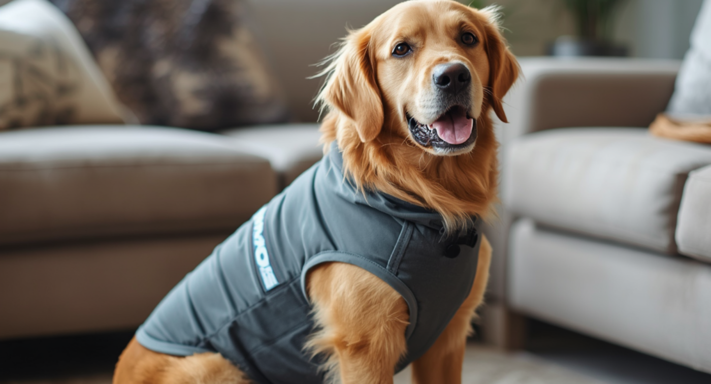 Dog sitting with a ThunderShirt on - coping with why dogs are scared of thunder