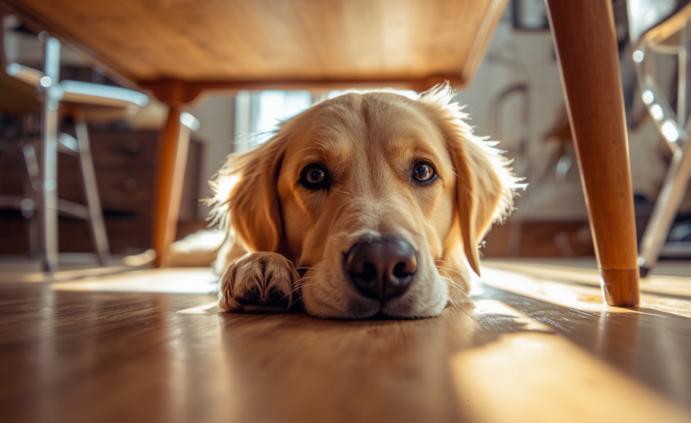 Dog hiding under table during storm – why dogs are scared of thunder