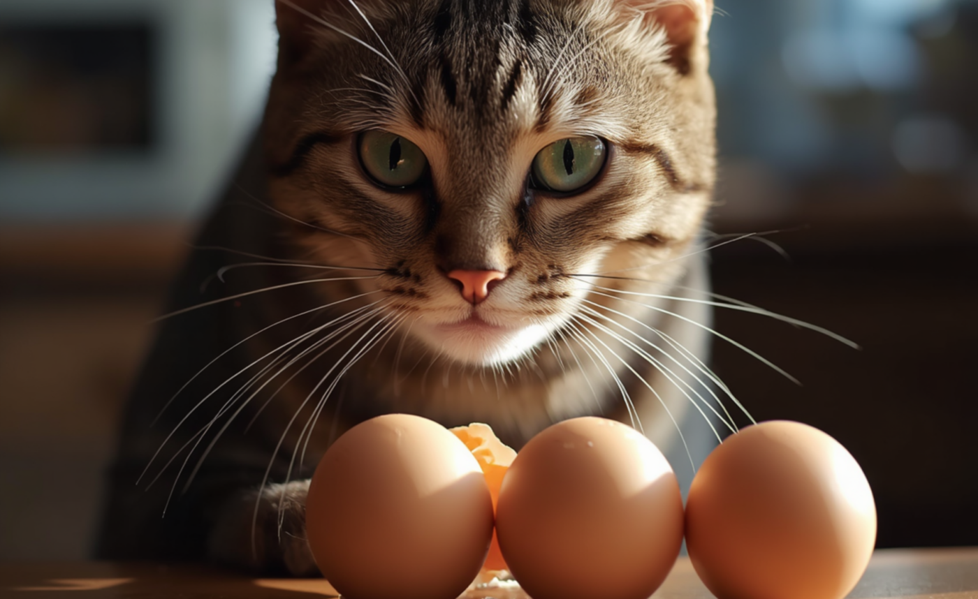 cat sitting with 3 eggs