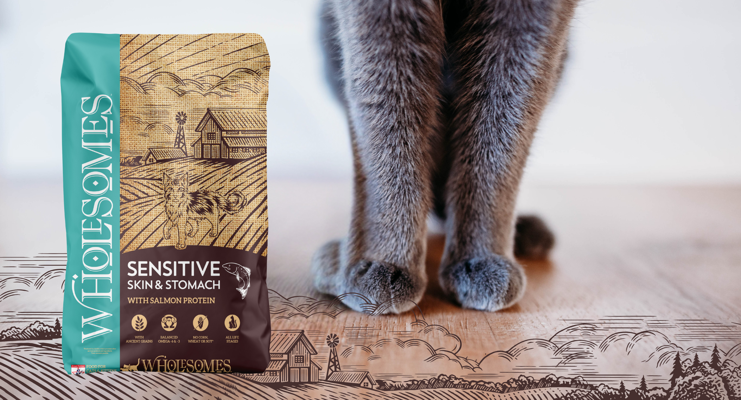 Cat paws by bag of Wholesomes Salmon Cat Food